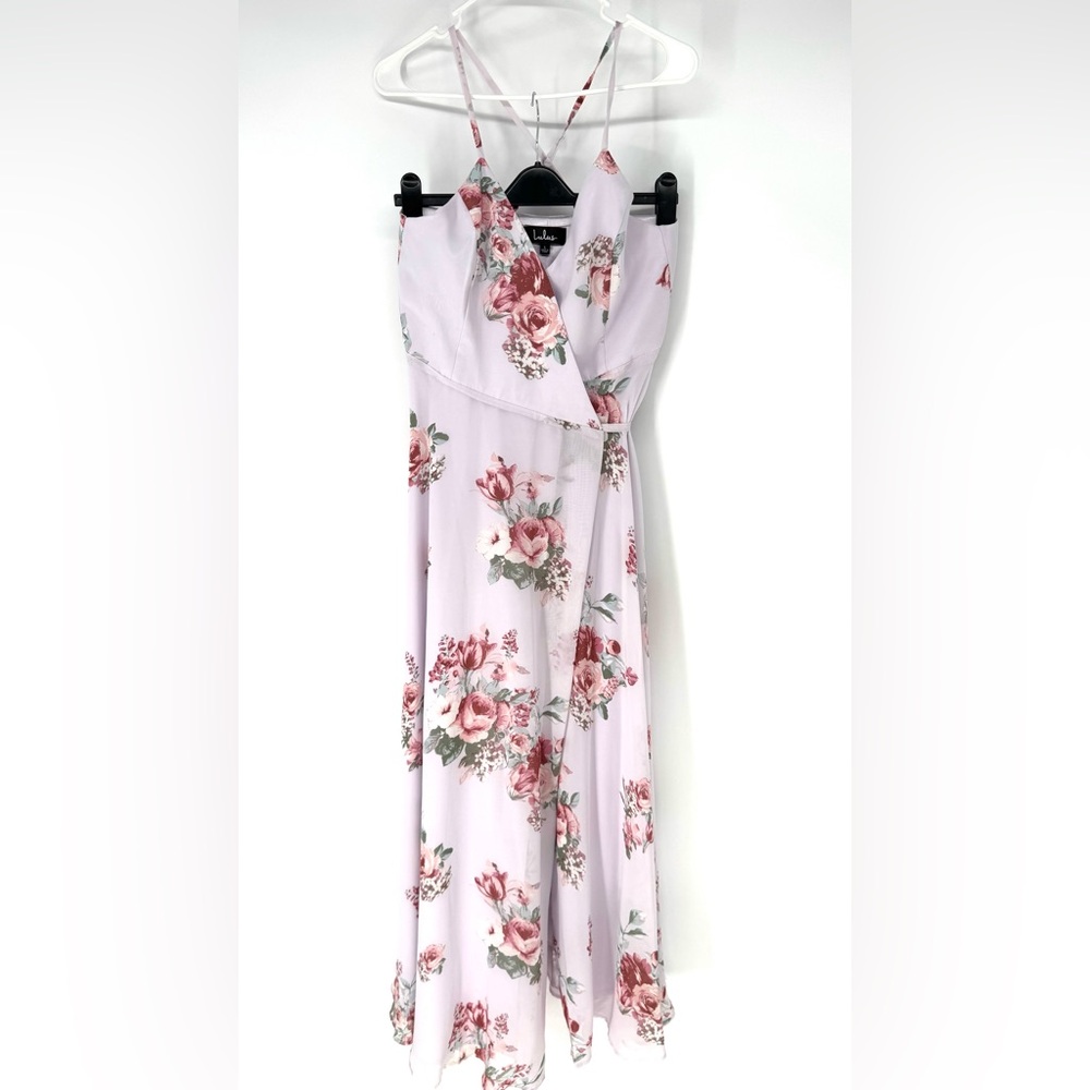 Lulu's Dusty whimsy boho wedding cottagecore Pink Floral wrap Dress large - Picture 3 of 5